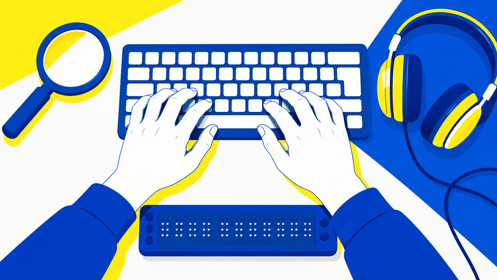 Illustration de mains utilisant un clavier près d’une plage braille.