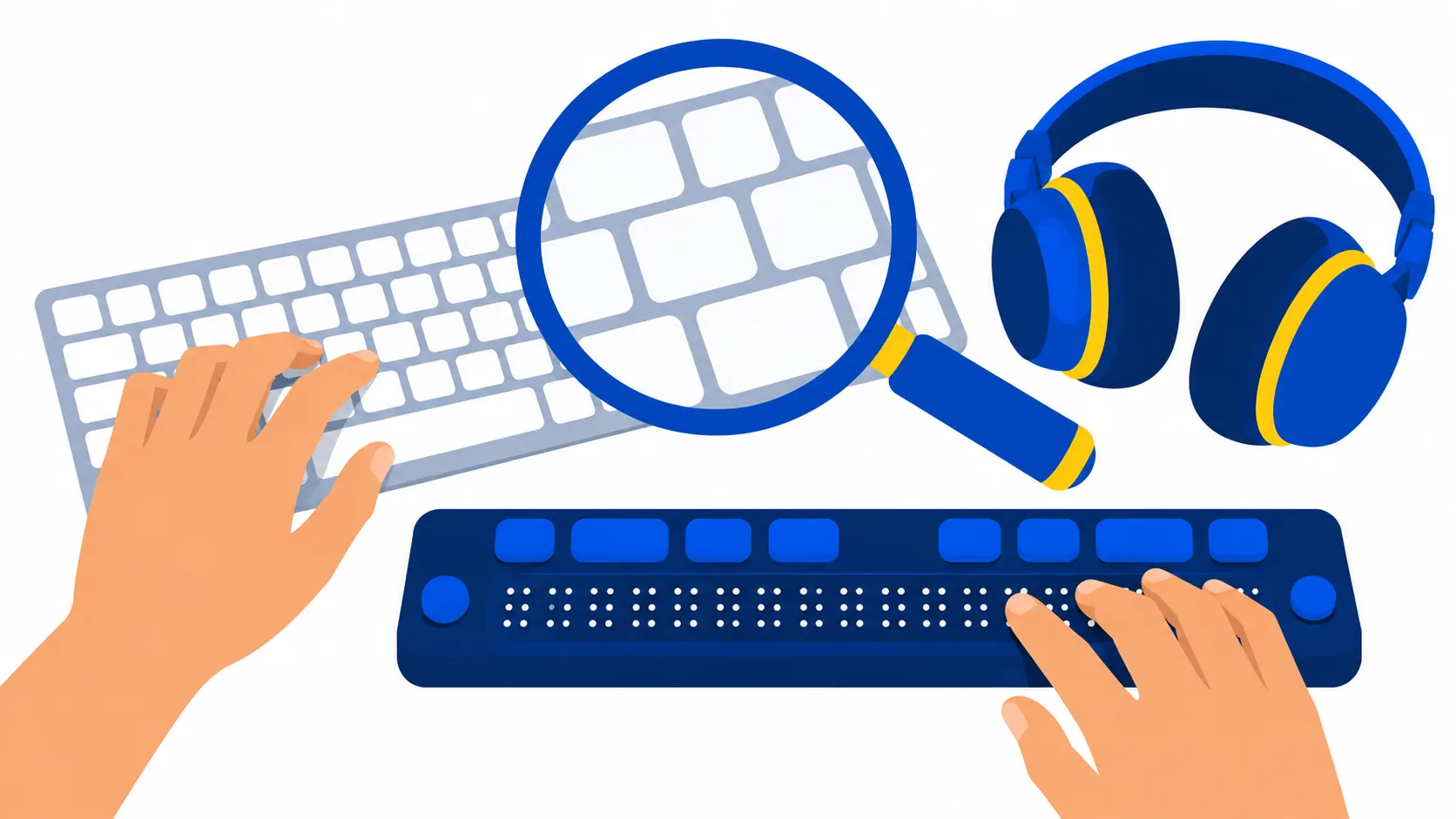 Illustration d’une loupe, d’un clavier et d’un casque audio.
