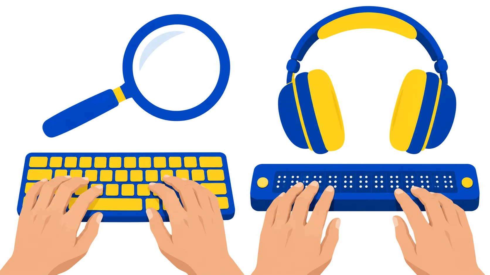 Illustration d’une loupe, d’un casque audio et d’une plage braille.