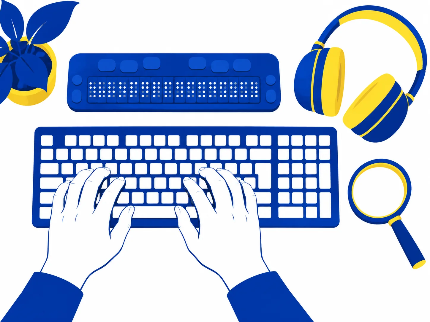 Illustration de mains sur un clavier avec une plage braille.